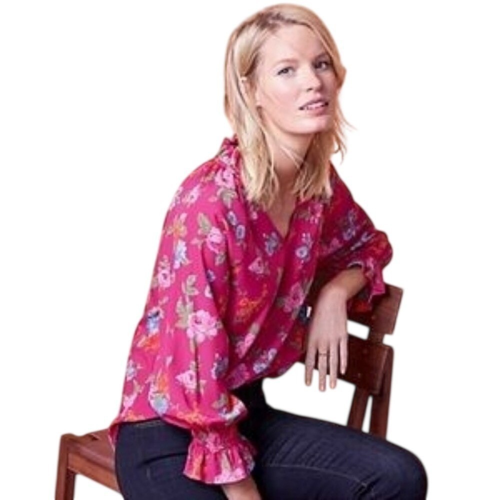 Ann Taylor Island Floral Flounce Sleeve Blouse Pink Tropical Women's Large EUC